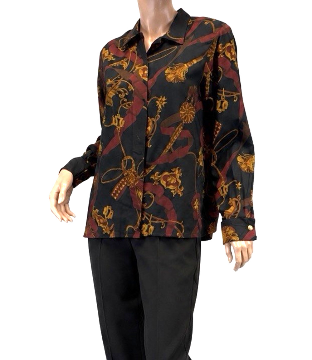 Carroll Reed Horse Tack Equestrian Print Blouse Black Gold Vintage USA Size US 8